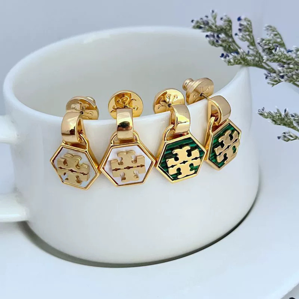 Tory Burch Natural Shell Inlaid Hexagonal Metal Earrings
